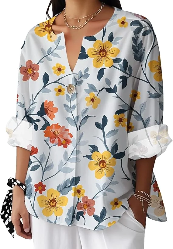Women's Summer Shirts Vintage Floral Long Sleeve Novelty Blouses Boho Button Up Cool Graphic Tops