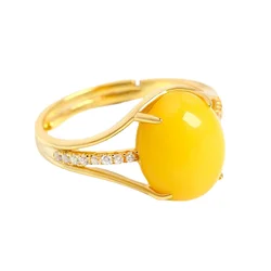 Yellow Amber Ring Gift Zircon Women Crystal 925 Silver Jewelry Natural Gemstone Fashion Amulet Charm