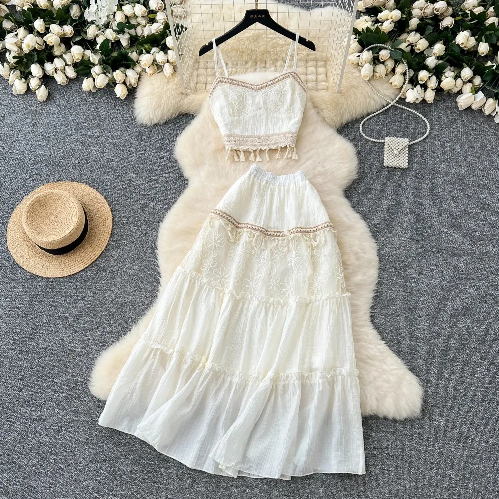 Chic Embroidered Tassel Two Pieces Sets Sexy Off Shoulder Camis Top High Waist A-line Skirt Women Fashion Spring Vacation Sets