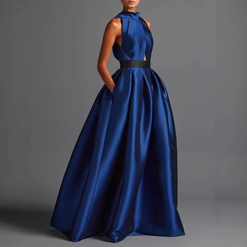 Robes para mulher elegante halter cetim vestidos de festa primavera sexy drapeado sólido rendas vestido longo verão oco boêmio maxi vestido