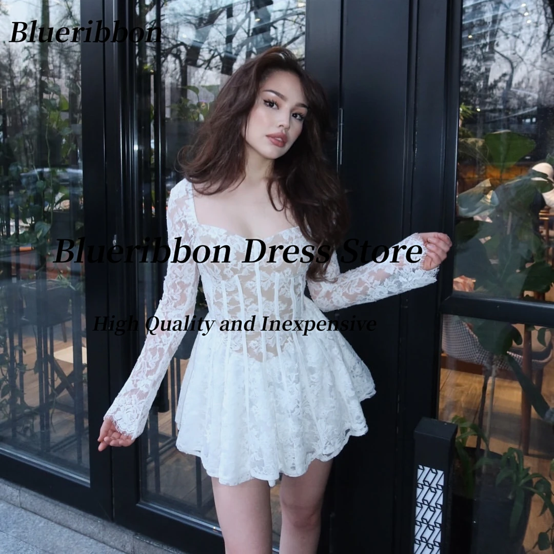 

Blueribbon Lace Short Prom Dresses Square Neck Long Sleeves Homecoming Party Gowns Mini Night Club Cocktail Dress Customized