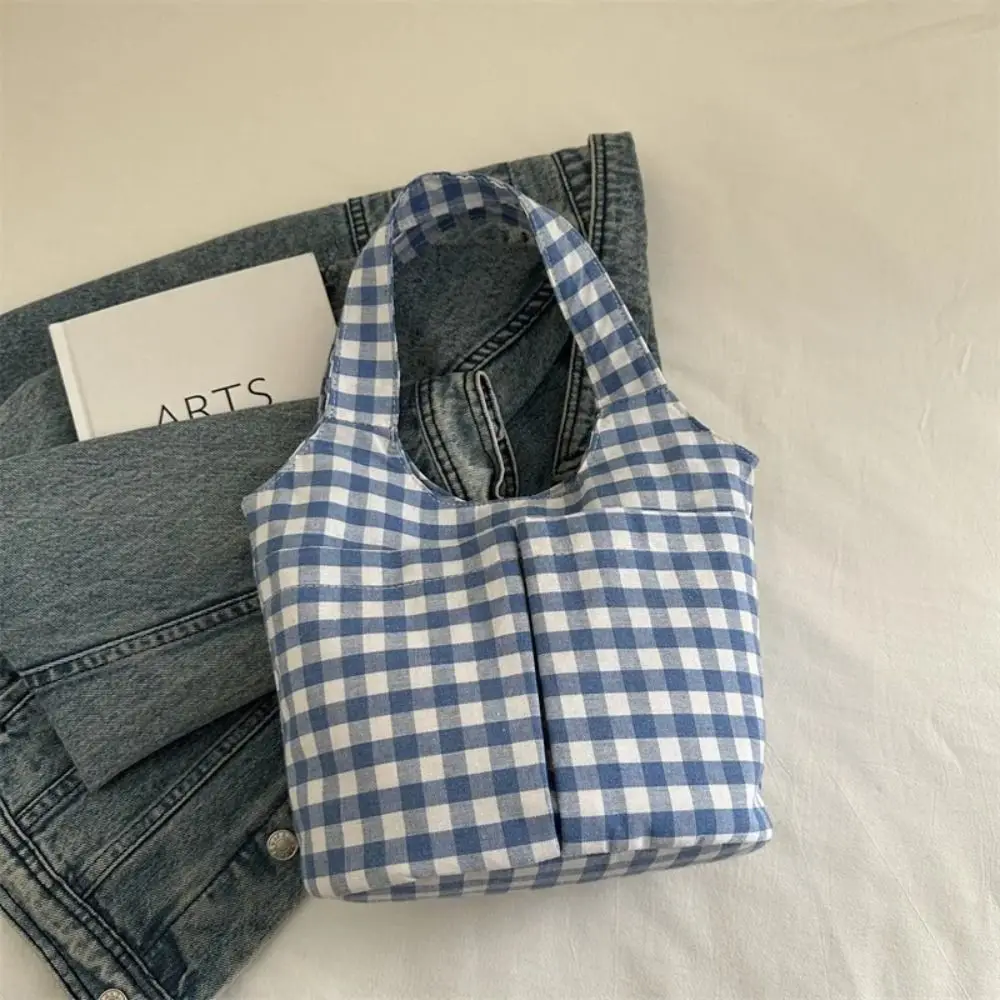 Casual Korean Style Red Plaid Tote Bag Fashion Printing Shoulder Bag Portable Large Capacity Canvas Vest Bag Storage Bag