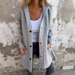 Solid Color Casual Hooded Coat Ladies Autumn/Winter Single-breasted Loose Hooded Medium Long Style Jacket with Pockets for Women