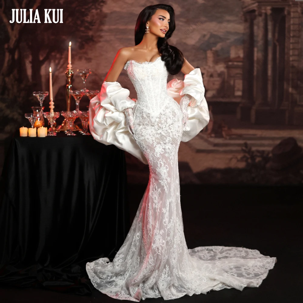 Vestido de Noiva Sereia Elegante Feito Sob Medida Julia Kui com Renda Completa, Pérolas e Bordados - Vestido de Noiva Trompete Deslumbrante