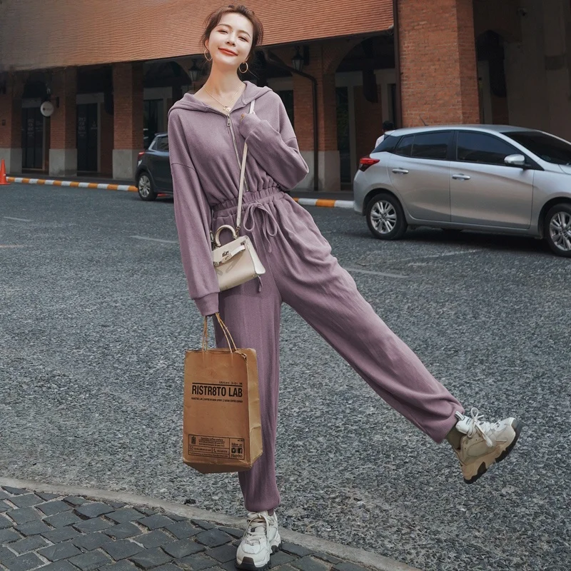 Tuta con cappuccio a vita alta da donna Casual Confortevole Faionable Autunno Nuovo arrivo Tutti abbinati Set coreano Sle Poliestere F...