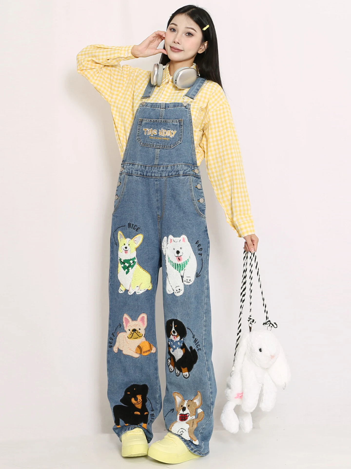 

Cute Little Dog Embroidered Denim Overalls Women's Loose Wide Leg Jumpsuit High Waist hine Waable Casual Wear All Seasons