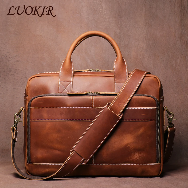 LUOKIR-Maleta de couro genuíno masculina, bolsa retro de couro maluco, bolsa de ombro de viagem para computador de 16 \