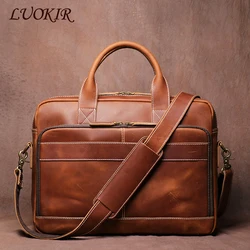 LUOKIR-Maleta de couro genuíno masculina, bolsa retro de couro maluco, bolsa de ombro de viagem para computador de 16 