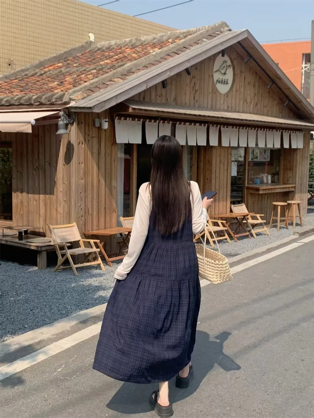 Rétro bleu Plaid sangle Dr femmes été mince longue Sve t-shirt haut doux vent ensemble décontracté Sle a-ligne jupe Polyester...