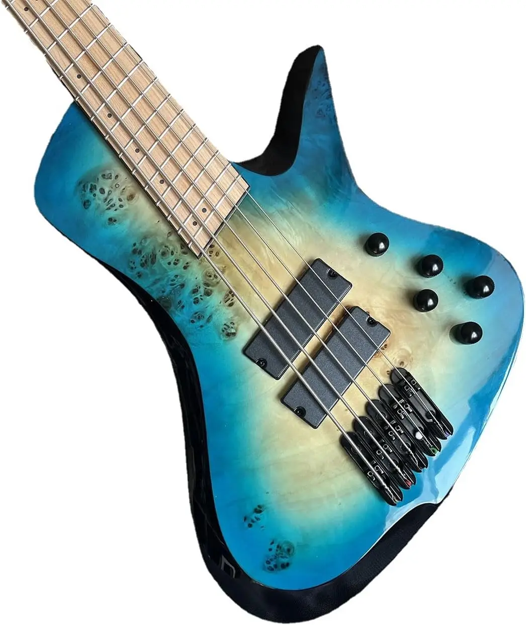 Fanned Fret 5 string Electric Bass Guitar Blue Burl Burst Quilt Maple Top Roasted Maple Neck