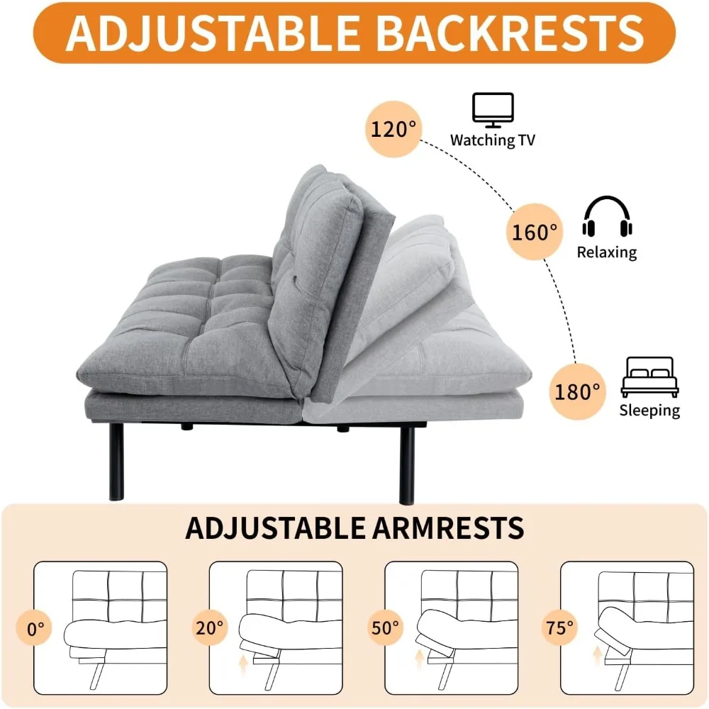 71-Inch Convertible Futon Sofa Bed with Adjustable Backrest & Removable Armrests, Foldable Sleeper Loveseat for Small Space Liv