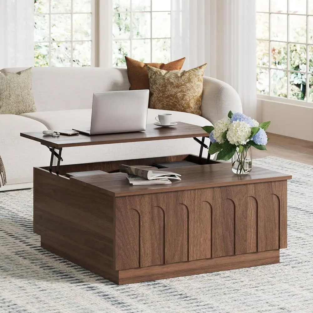 31.5 Lit Top Coffee Table with Storage, Arched Design, Walnut | Square Tea Table, Multifunctional Center Table, Wood Grain Textu