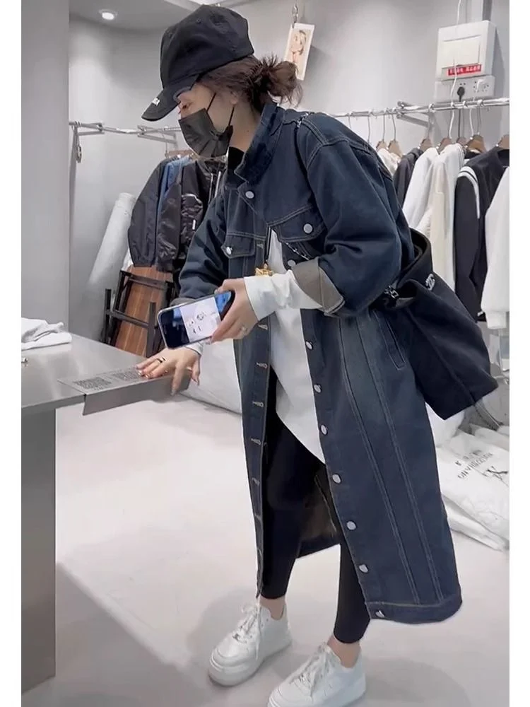 Spring New Style Women's  Collar Single Button Loose Slimming Fashionable Mid-Length Denim Jacket Commute Korean Style