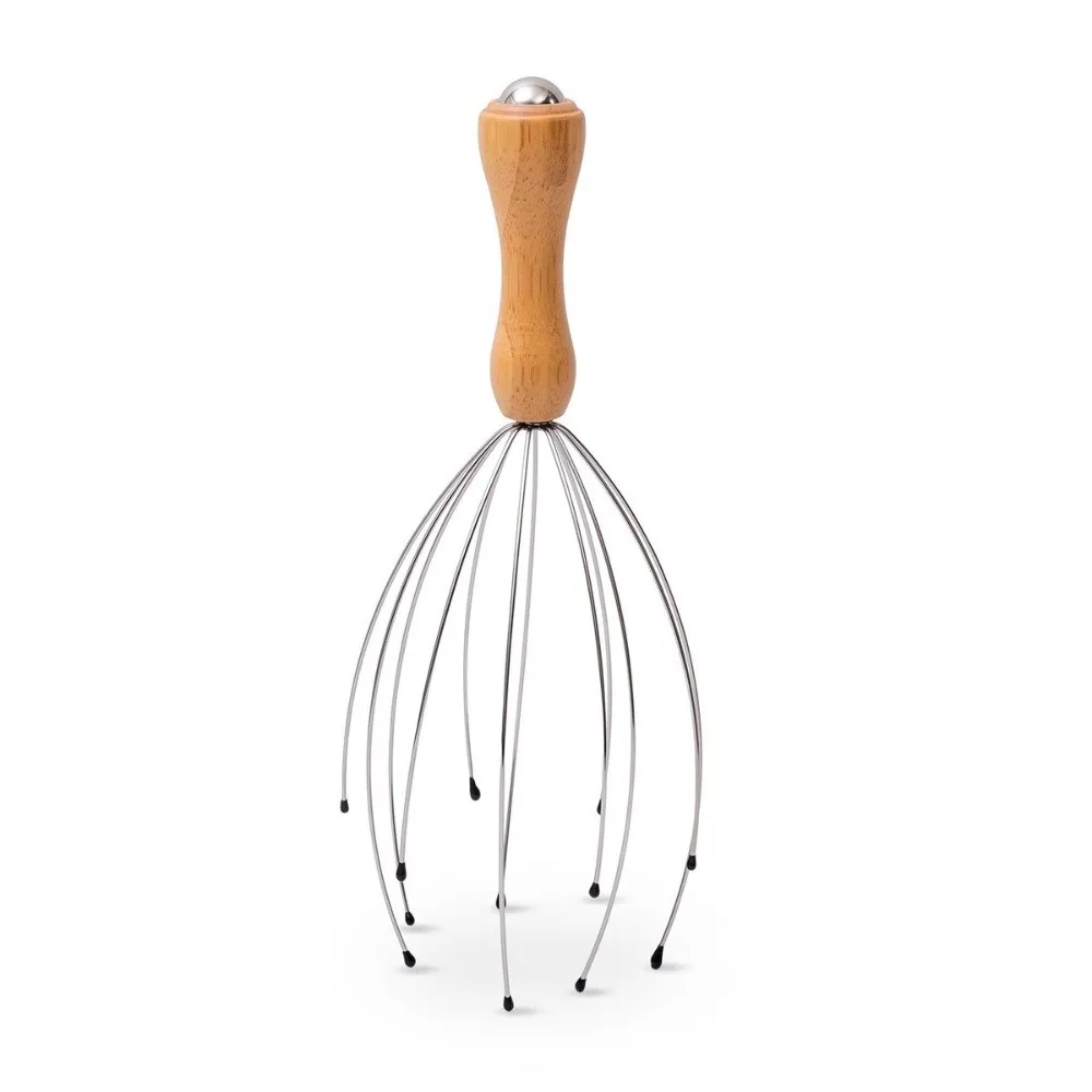 Wood Handle Head Massager Round Tip Flexible Metal Wire Scalp Relax Tool Eight Claw Frame Smooth End Head Scratcher