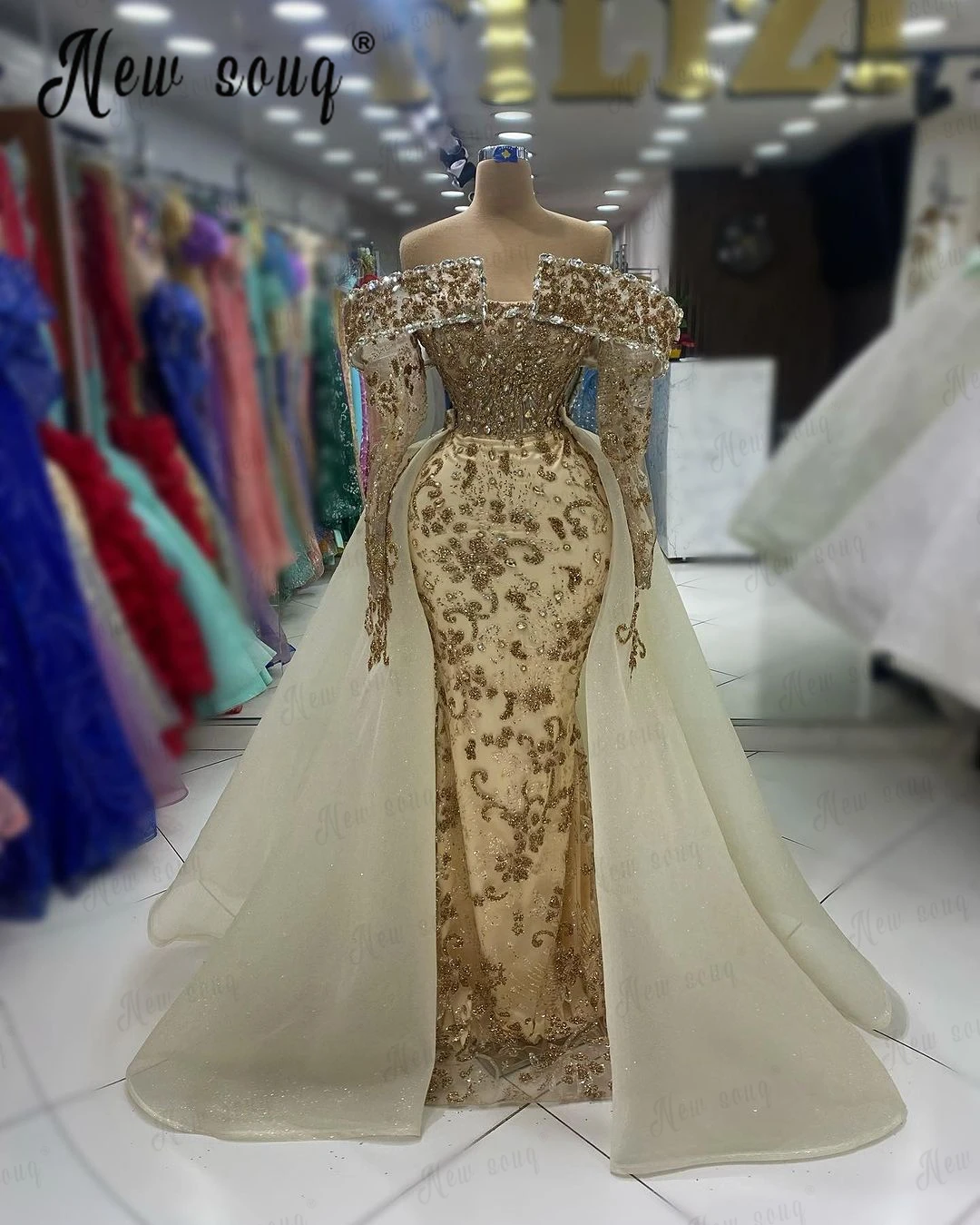 Gold Glitter Luxury Evening Dress With Detachable Train Off Shoulder Long Sleeve Wedding Guest Gowns  Robe Soirée Female Custom