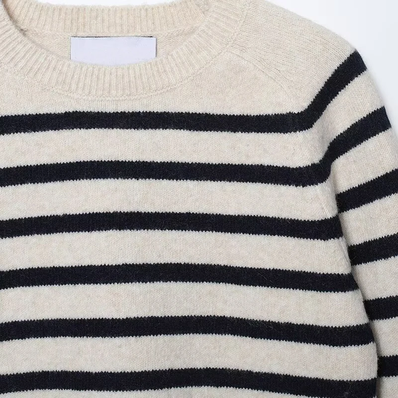 2026 New Women Vintage Striped Knitted Sweater Long Sleeve Round Neck Basic Casual Pullover Spring Autumn Tops