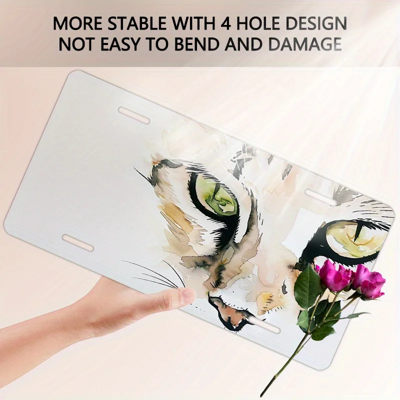 1pc 2D Flat Posters Watercolor Cat Design License Plate, Rust-Proof, Four-Hole Frame, Decorative Car Additions Halloween