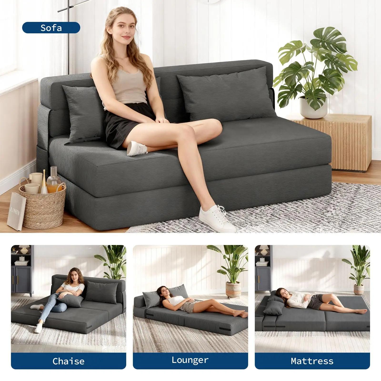 4-in-1 Folding Sofa Bed Convertible Sleeper Soft Corduroy Loveseat Couch With Pillow Space-Saving Fold Out Chair Bed For Room
