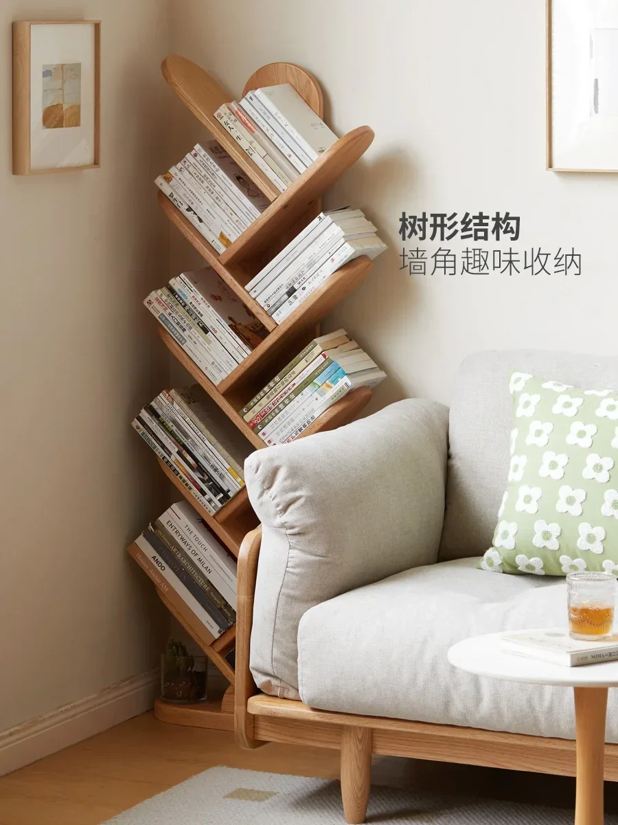 Solid wood bookshelf floor-to-ceiling against the wall tree-shaped storage rack corner multi-layer creative bookcase