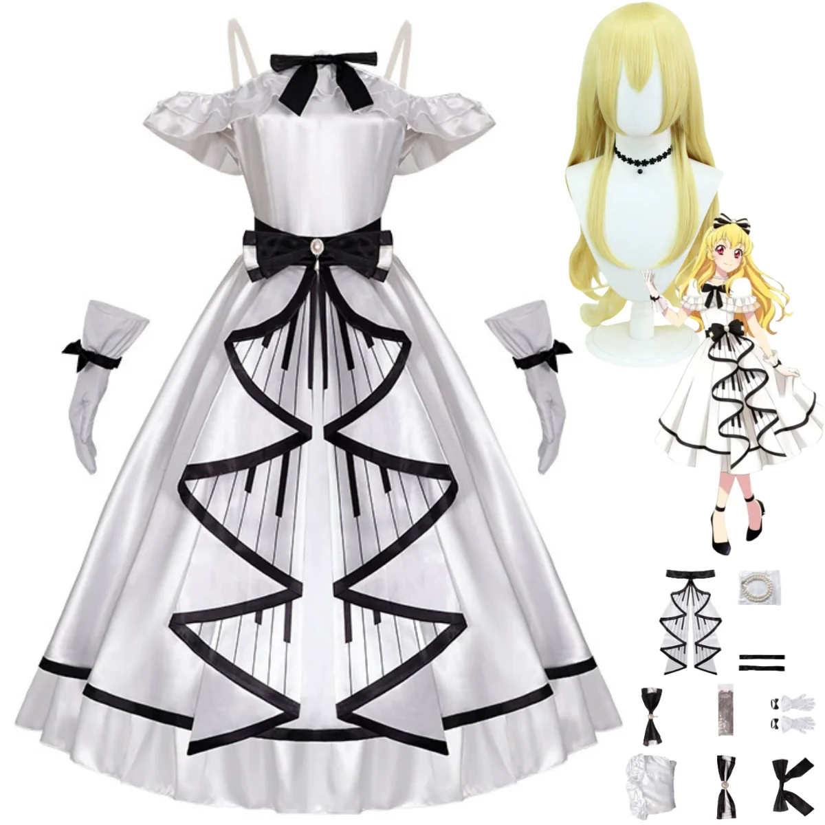 

Anime Hoshimiya Ichigo Aikatsu！Cosplay Costume Concert Off Shoulder White Princess Dress Wig Woman Sexy Birthday Party Suit
