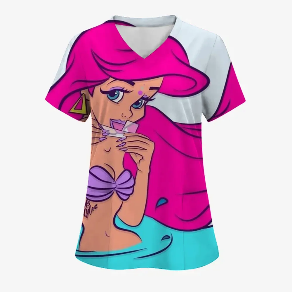 

Women'S Casual Nurse Uniform Cute Fashion Comfortable Small Disney Princess Print Loose V-Neck Pocket Short-Sleeved