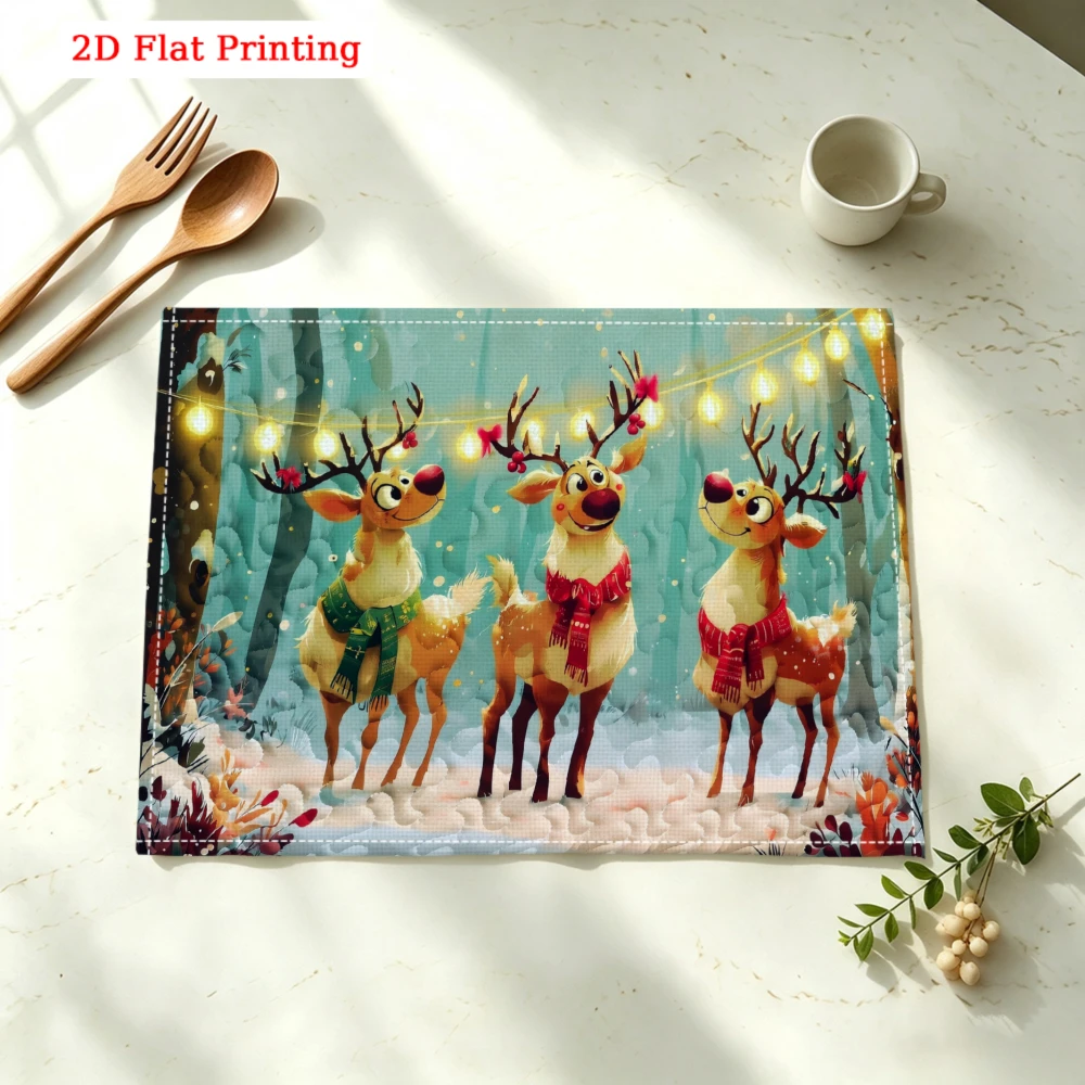 Three Cartoon Reindeer In Snowy Forest Kitchen Placemat Coaster Linen Pad Dish Coffee Cup Table Mat 30x40cm Home Decor