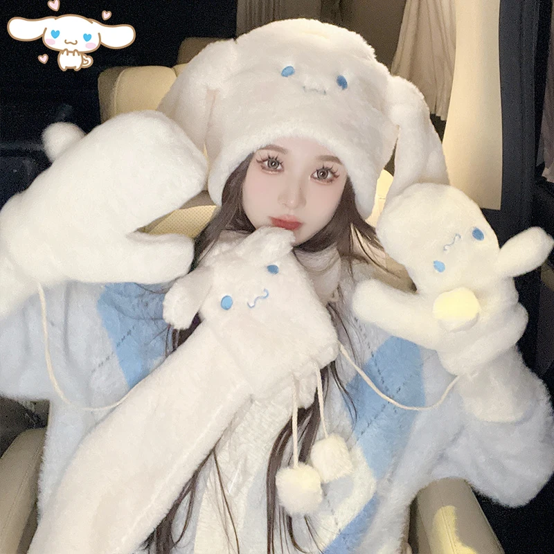 อะนิเมะ Cinnamoroll Plush ถุงมือหมวกผ้าพันคอ Sanrioed Kawaii ฤดูใบไม้ผลิฤดูหนาวนุ่มหนาสาวหวานนักเรียนเทศกาลวันเกิดของขวัญ