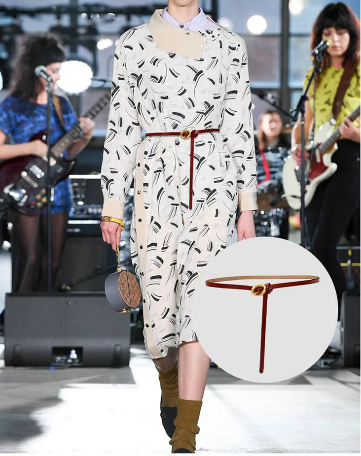 حزام خصر نسائي نحيف من الجلد الطبيعي بتصميم بسيط مع إبزيم معدني وتفاصيل عقدة قابلة للتعديل للفساتين