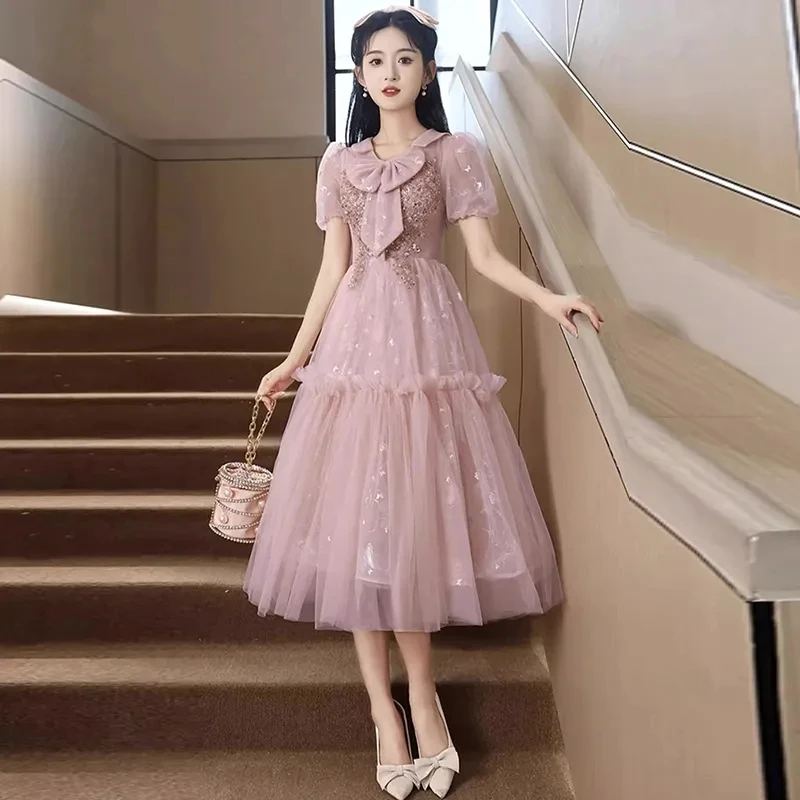 2025 mujeres verano Rosa Noble temperamento vestido Estilo Barbie elegante vestido de alta sociedad mujer elegante banquete estilo bosque Petite