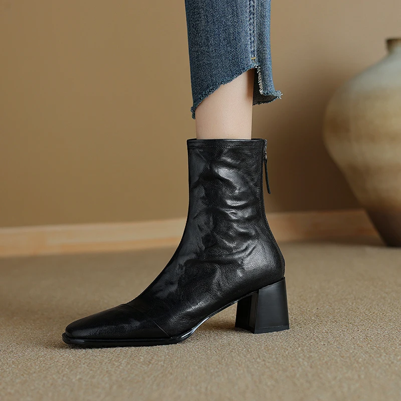 Sheepskin Leather Women Back Zipper Ankle Boots Autumn Winter Square Toe High Block Heels Boots Black Brown Boot SmallHut-GH6669