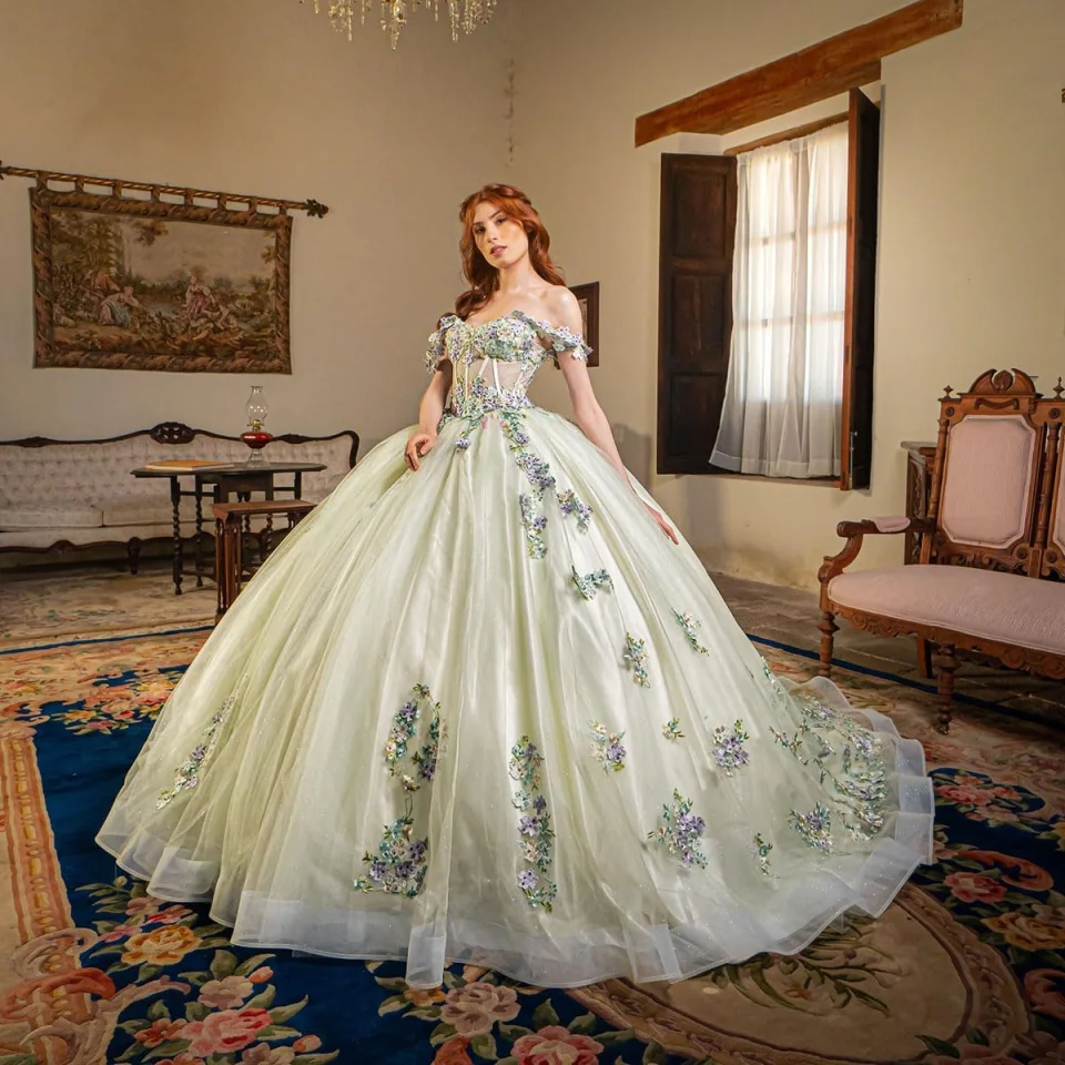 

Платье Quinceanera с открытыми плечами, бальное платье с аппликацией, кружевные цветы, платья принцессы Sweet 16, выпускное платье