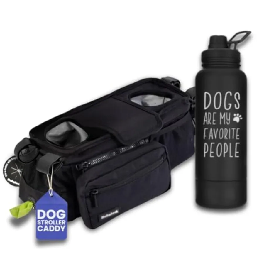 

Dog Stroller Caddy Organizer 32 oz Insulated Water Bottle with Attached 8 oz Bowl Dogs are My Favorite People Stroller Organize