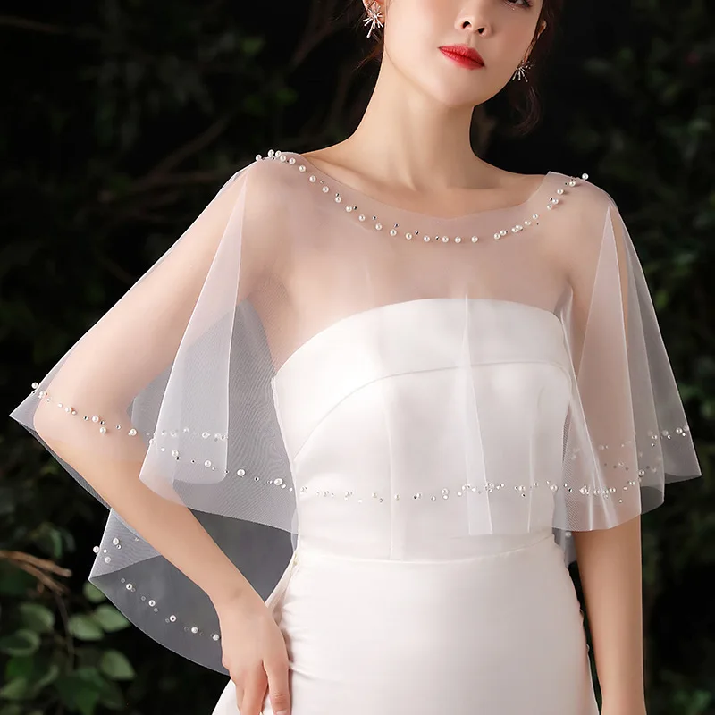 Pearl Beaded Wedding Wrap Sheer Jewel Collar Soft Tulle Front Short Long Back Shawl Marriage Accessories for Women Dress