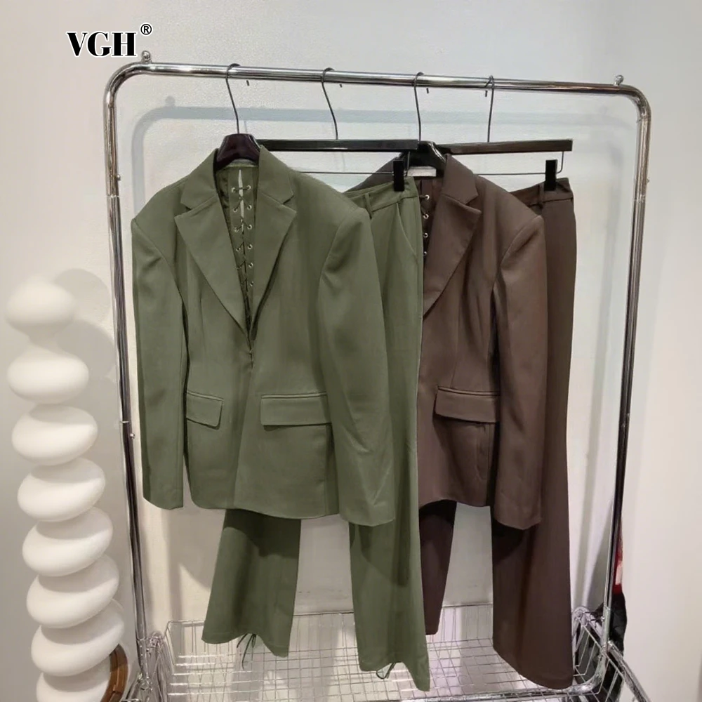 

VGH Solid Office Two Piece Sets for Women Notched Neck Long Sleeve Spliced Back Lace Up Top High Waist Trousers Chic Set Female