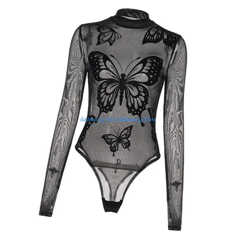 

573B Mock Neck Butterfly Print Sheer Mesh Bodysuit for Nightclub Party Women's Long Sleeve See Through Jumpsuit Leotard Top