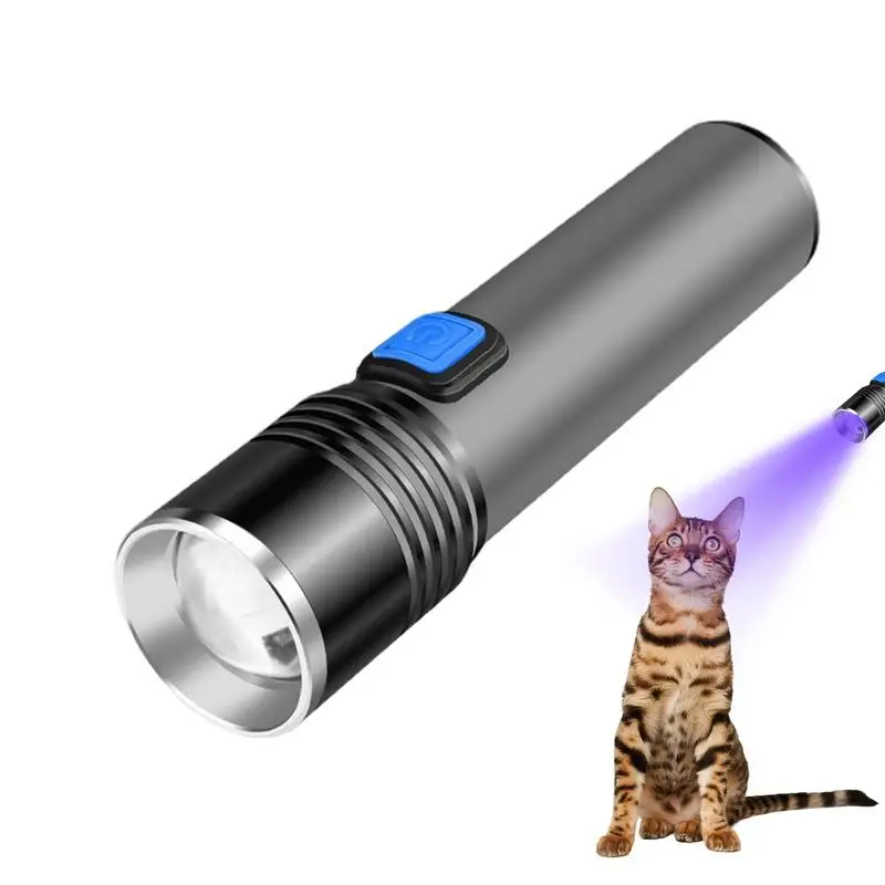 

УФ-фонарик 365 нм, мощная лампа, USB перезаряжаемый детектор, телескопический фонарик с зумом для мочи домашних животных, сухие пятна, искатель камней