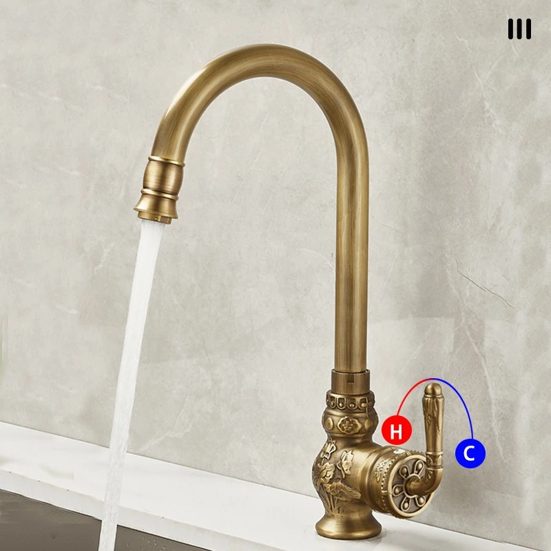 Antique European light luxury carving copper body faucet household kitchen sink wash basin hot and cold rotatable faucet