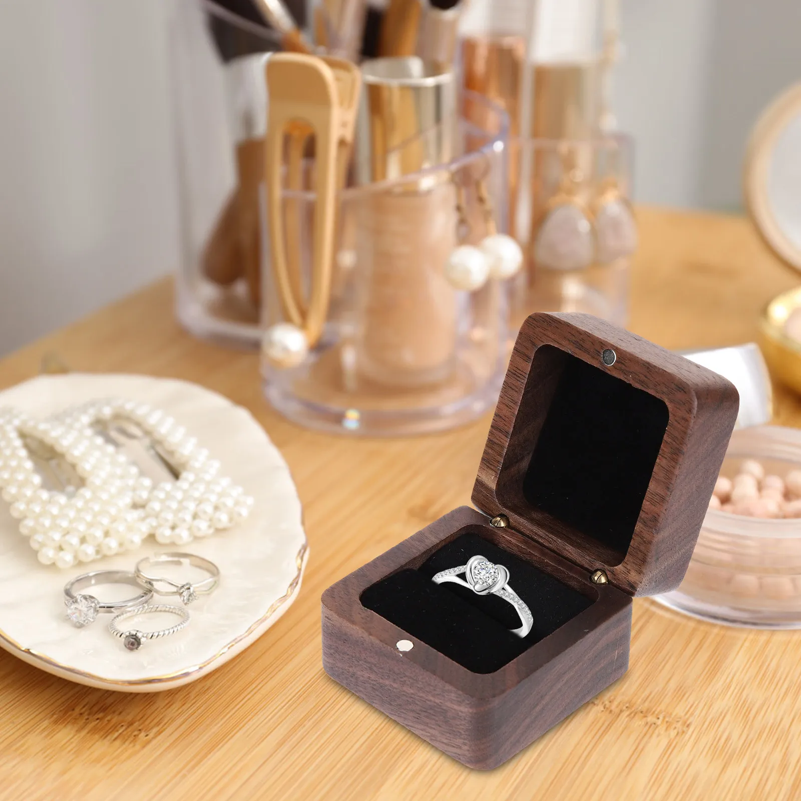 

Engagement Ring Box Wooden Jewelry Storage Case for Proposal Wedding Anniversary Elegant Ring Holder for Men Women Couples