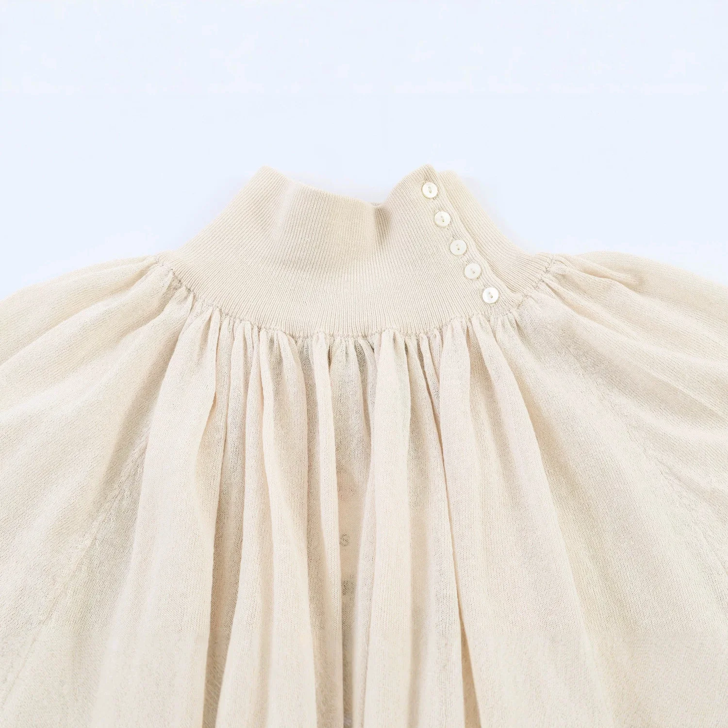 2026 Autumn Beige Knit Sweater Women Elegant High Neck Lantern Long Sleeve Button Side Pleated Casual Pullover