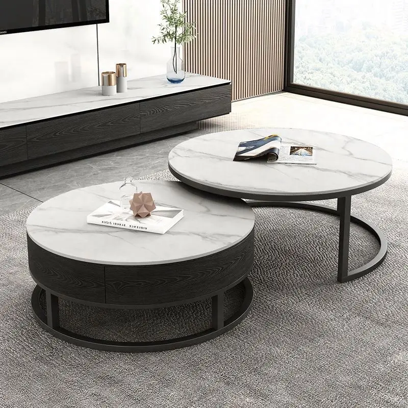 2022 Luxurious Newest Modern Simple Style Black Glass Marble Top Tea Round Rock Furniture Living Center Coffee Table Set Design