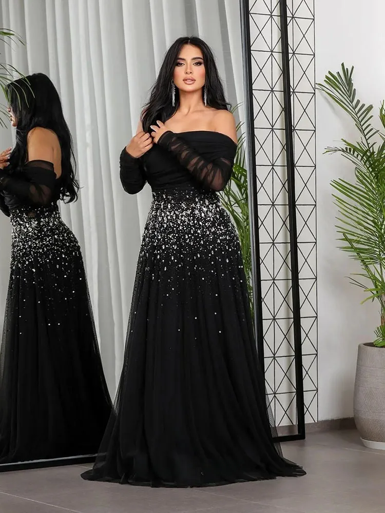 LAYXHS Modne Sukienki Wieczorowe z Odkrytymi Ramionami, Sukienki Wieczorowe w Linii A, Długie Sukienki, Błyszczące Sukienki Balowe z Koralikami, Sukienki Wieczorowe Szyte na Miarę