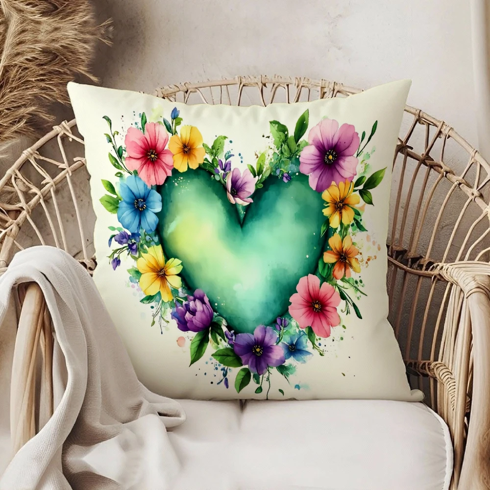 Square Throw Pillow Case Cream White Watercolor Green Heart Surrounded By Colorful Flowers Boho Decor For Sofa Chair Bedroom Liv