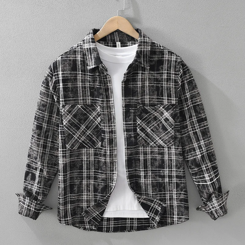 High street new Pure 100% cotton retro plaid long sleeved shirt men's thick casual versatile artistic loose top Men's Clothes