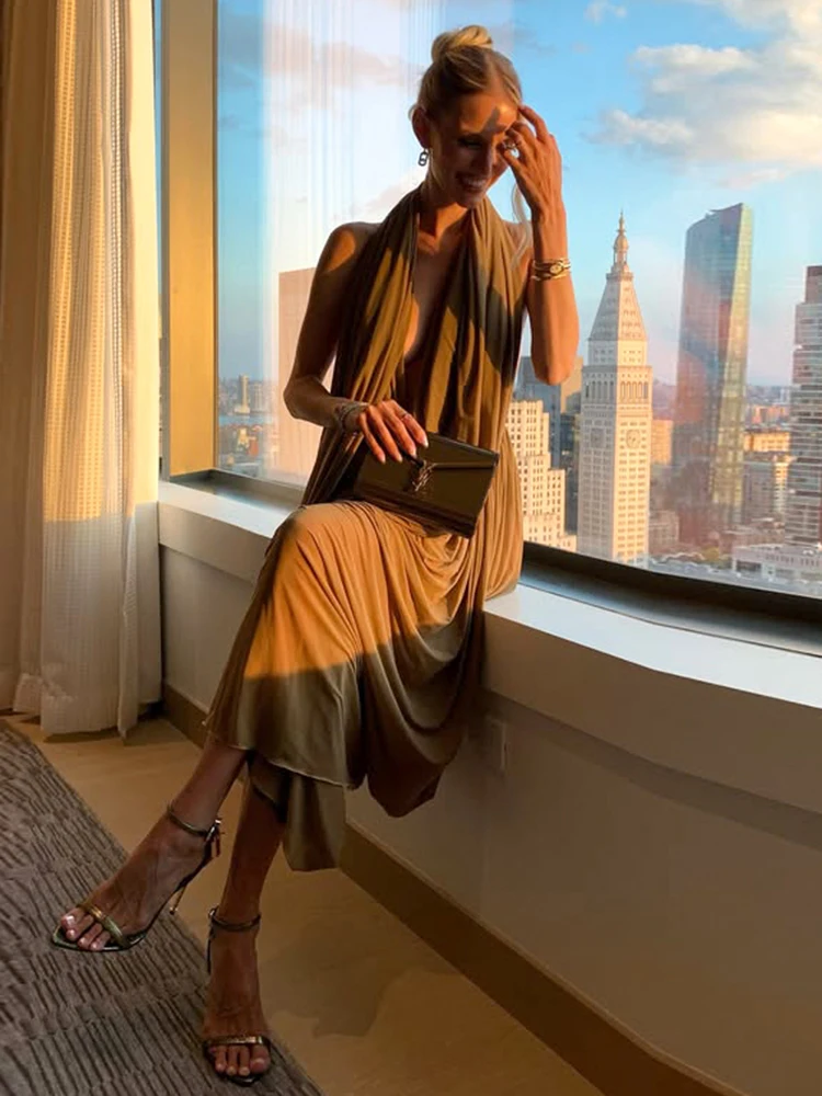 Nibber froncé licou robe Maxi femmes sans manches dos nu ourlet irrégulier solide vacances classique base bal fête élégante robes