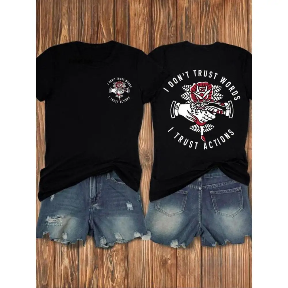 

Women's Rose & Letter Graphic Round Neck Tee, Fashion Casual Crew Neck Drop Shoulder T-shirt for Daily Outdoor Wear, Ladies Clot