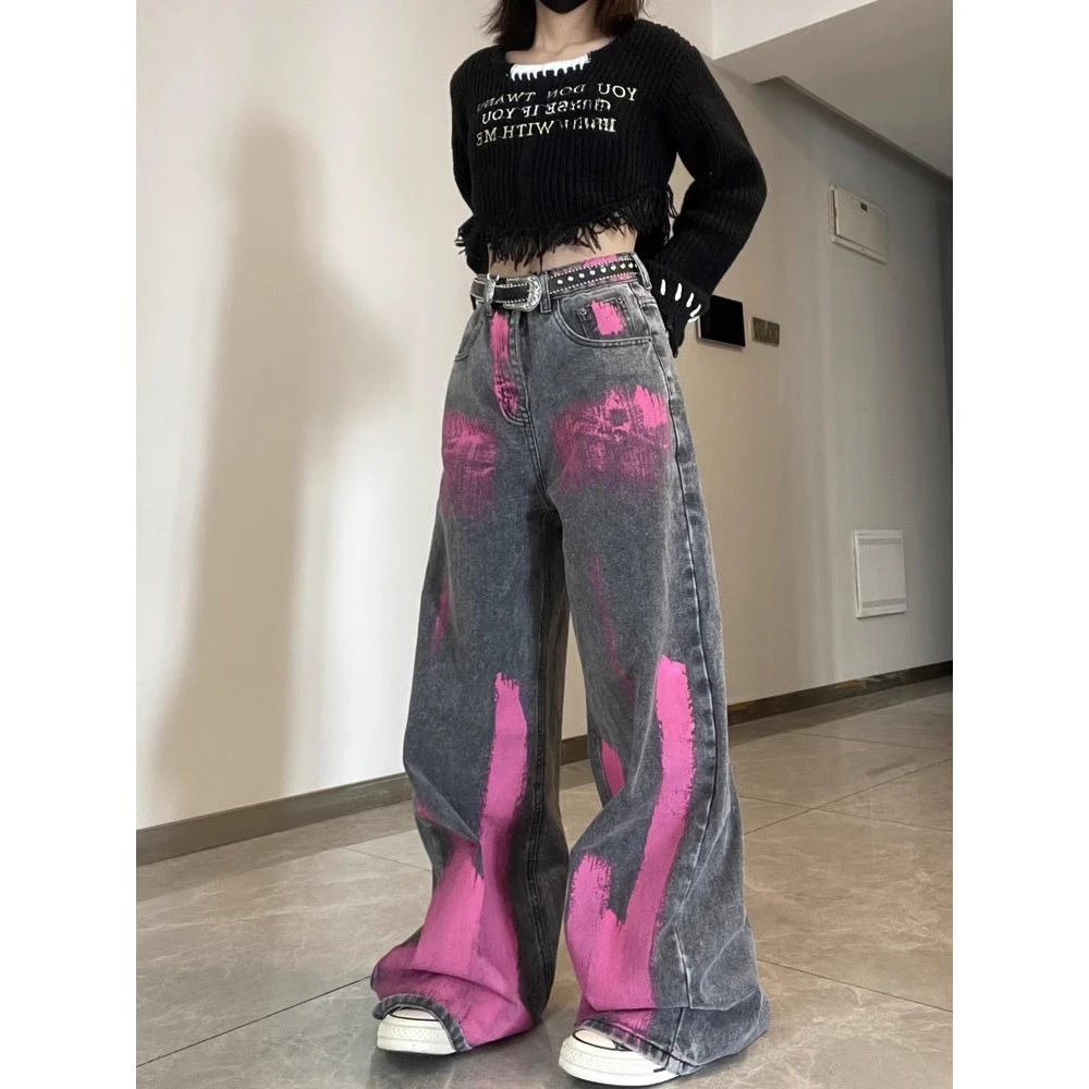 Aesthetic High Street Y2k Jeans Washed Vintage Loose Pockets Pants Mid Waist Button Full Length Graffiti Chic Denim Pants New