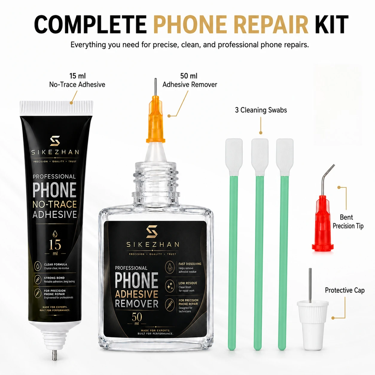 Phone Repair Bonding and Removal Kit 15ml Adhesive 50ml Remover Fine Needle Tips Cleaning Swabs for Screen Frame DIY Maintenance
