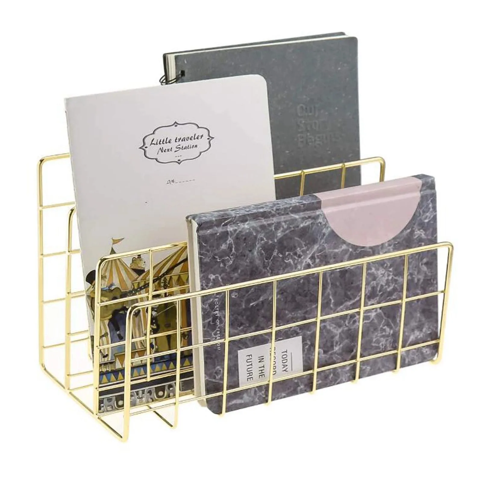 Metal Mesh Desk Organizer Desktop Letter Sorter Mail Tray File Organiser Office Home Bookends Book Holder -Rose Gold