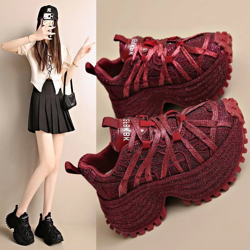 

Women's Sparkly Rhinestone Chunky Platform Sneakers, Red Thick Sole Lace-Up Casual Dad Shoes for Daily Street Outdoor Wear