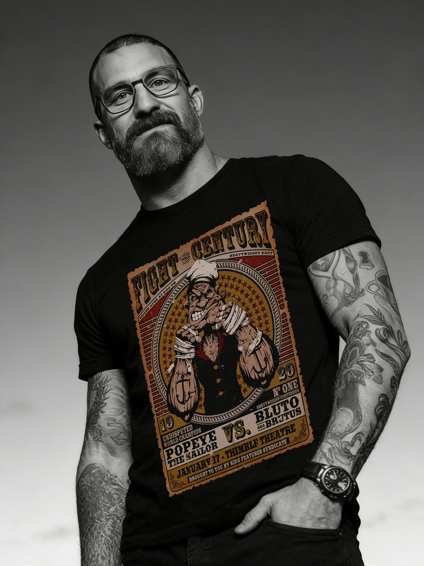 Europe and The United States Street Tide Brand Tide Men Short Sleeve Tattoo Clothes T-shirt Sailor Boxing Nostalgia Retro
